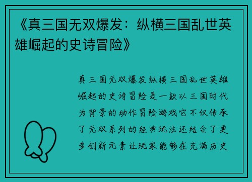 《真三国无双爆发：纵横三国乱世英雄崛起的史诗冒险》