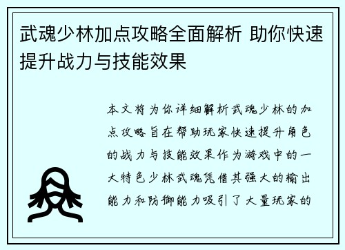 武魂少林加点攻略全面解析 助你快速提升战力与技能效果